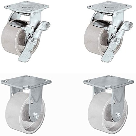 Casterhq 4"x2" Steel Casters, 4 Swivel Casters W/Brakes, 2,800 lbs Cap, PK4 30TS420SS84S-03-2R